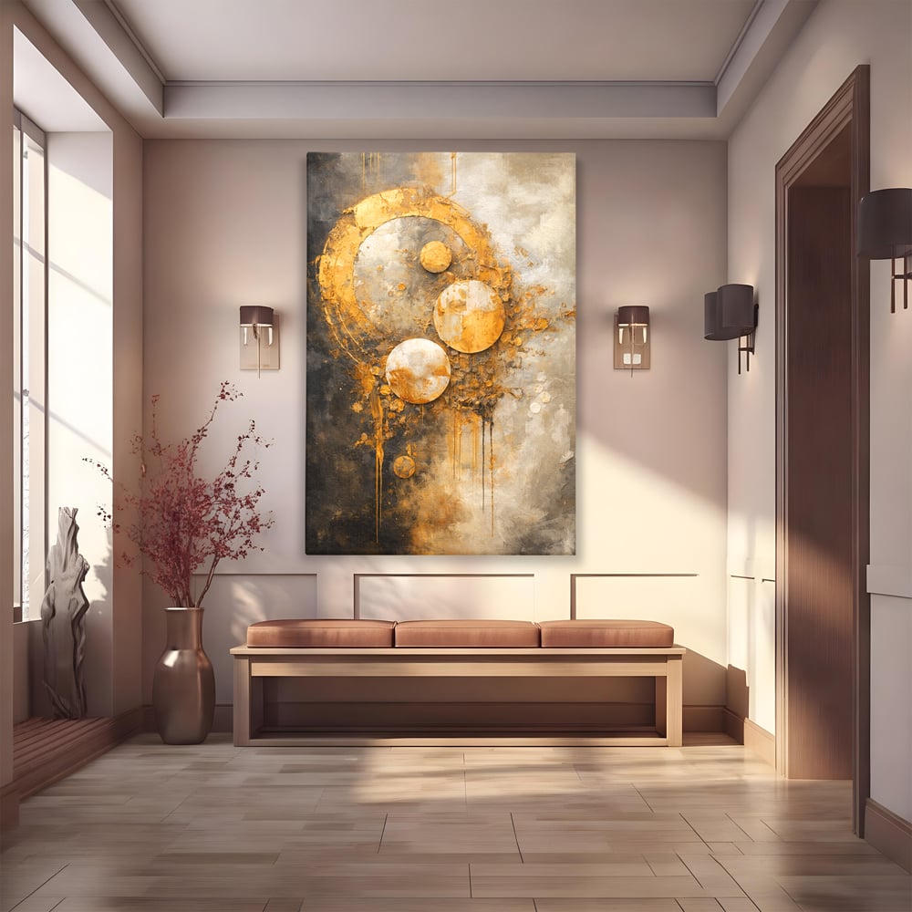 Tablou canvas cu tablou canvas abstract cu cercuri aurii, fara rama, pe sasiu de lemn